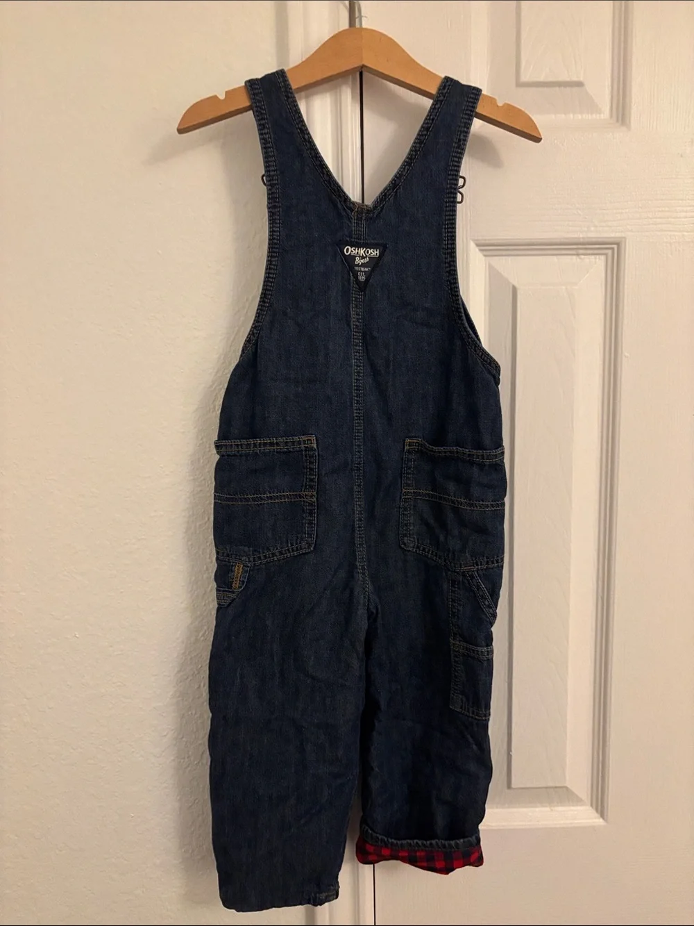 OshKosh B'gosh Dark Blue Denim Kids Overalls with Red Plaid Accents
